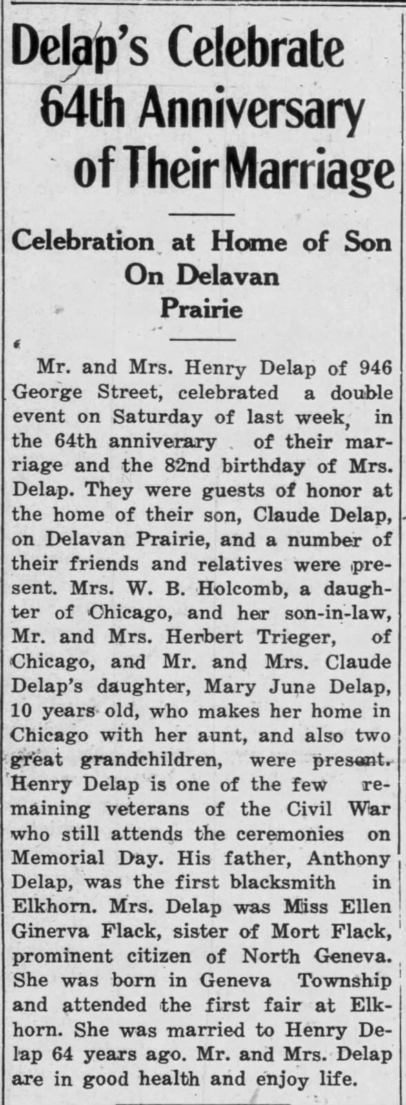 Henry DeLap Celebrate 64th Anniversary 03 Dec 1931 Lake Geneva Regional News Wisconsin